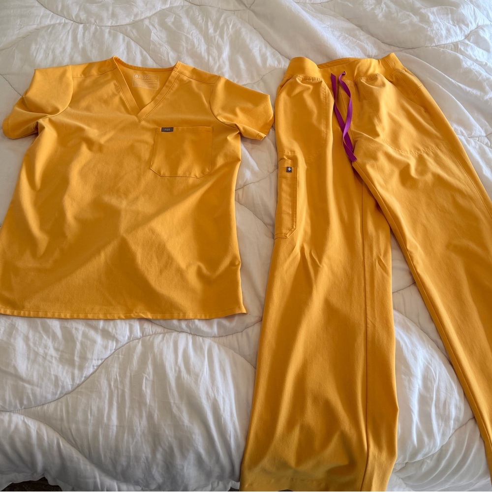 Figs Women's Scrub Top and Pants in Mustard Yellow with Purple Drawstring